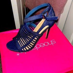 Dress sandals-denim heels.